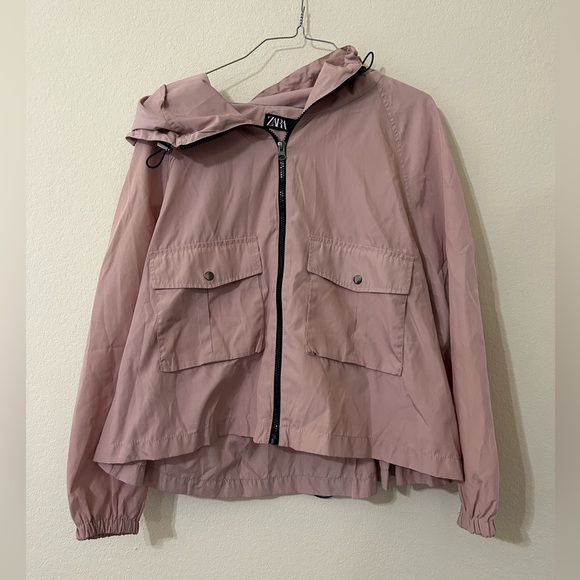 Zara Women's Dusty Pink Size Medium Hooded Zip Up Jacket Outdoor Adjustable Tie - Picture 2 of 12